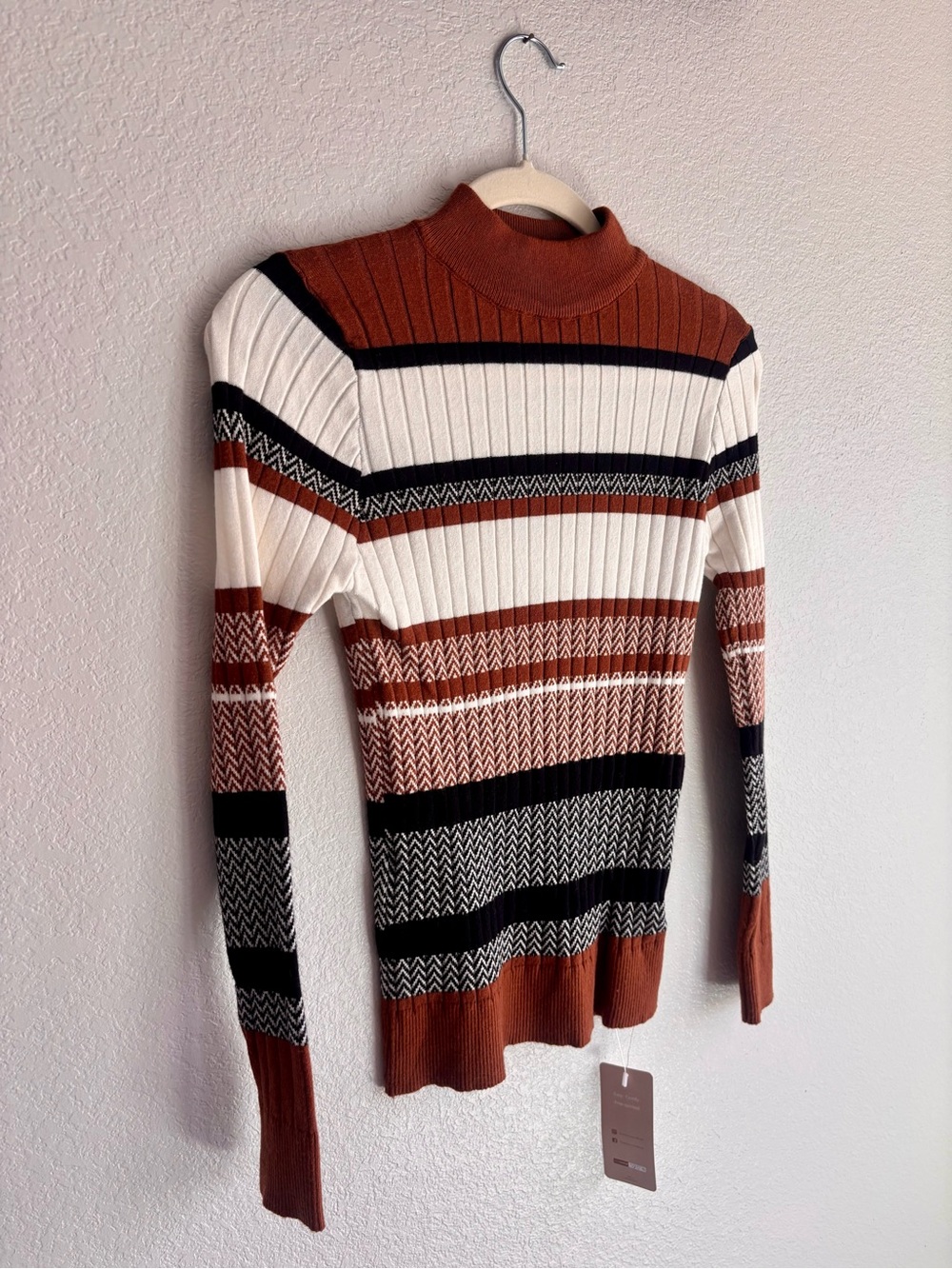 Rust, White & Black Striped Ribbed Turtleneck Sweater